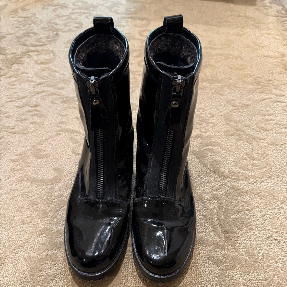 Black patent, fur lined, front zip Stuart Weitzman boot